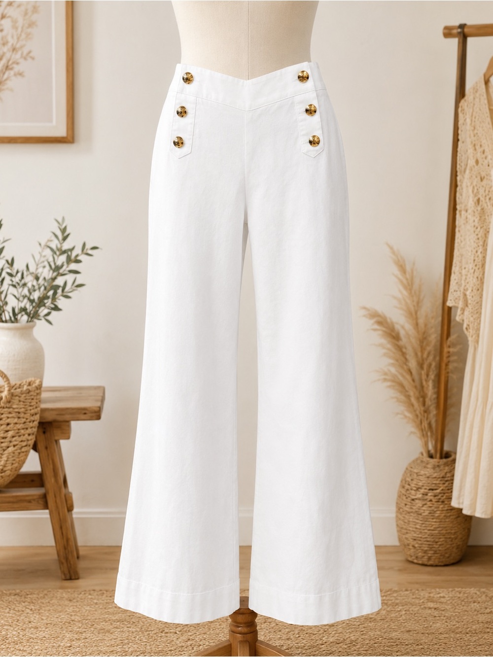 Express White Wide-Leg Sailor Pants with Gold Buttons
